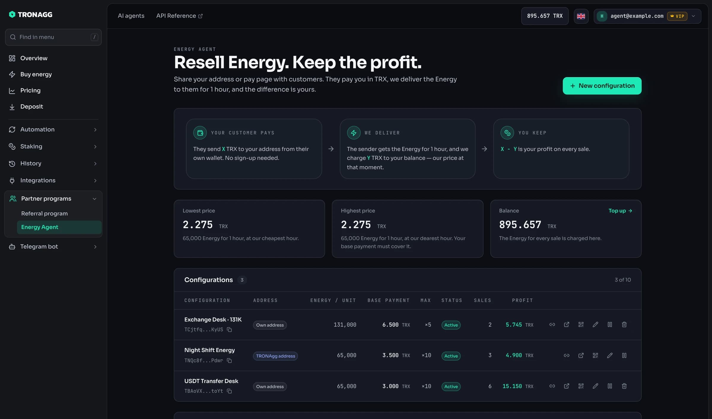The Energy Agent workspace: live prices, your balance and three configurations with their sales and profit
