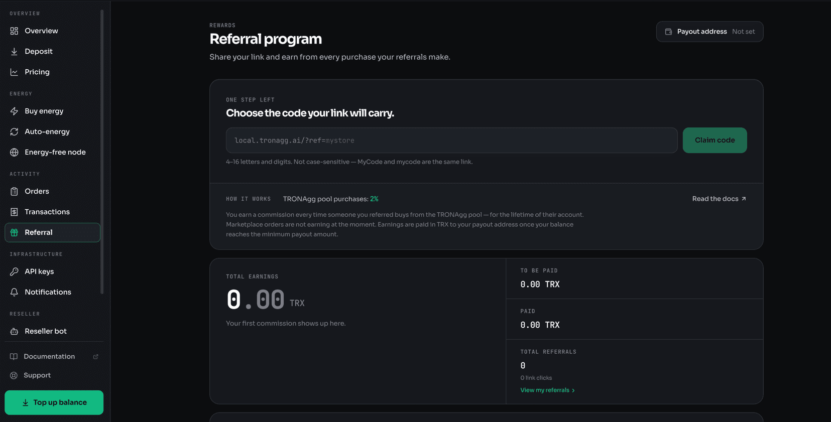 The TRONAgg workspace referral page: your link, your total earnings, and the commission from every order your referrals complete.