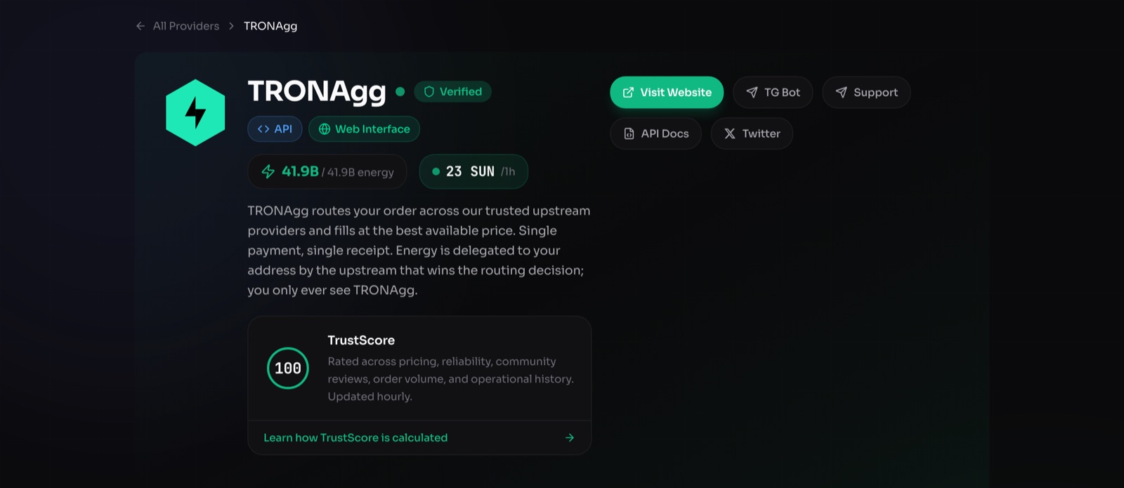 TRONAgg verified provider profile showing TrustScore 100 and a live one-hour energy rate of 23 SUN per unit